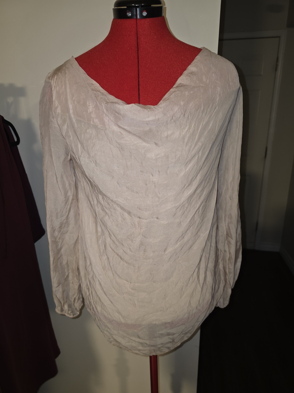 Silk Draped Light Pink Long-Sleeve Blouse With Mesh Moth Back Panel